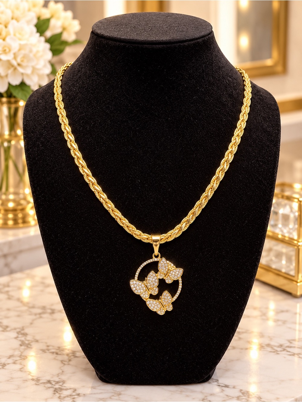Gold plated Butterfly Pendant Rope Chain Necklace - Women Jewelry 19 inch